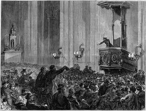 Komuna Paryska w 1871 r. Klub przykościelny św. Eustatiusa. Federacje poprosiły kościoły o zorganizowanie spotkań i debat wieczorem. Kluby te miały potrójny cel: edukację, informację i ekspresję. autorstwa Unknown artist