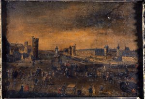 Pont-Neuf widziany z wejścia na Place Dauphine, Hôtel de Nevers, Tour de Nesle, Grande Galerie z Porte Neuve i Luwr, ok. 1640 r., dzisiejsze 1. i 6. dzielnica, między 1635 a 1645 r. (olej na płótnie) autorstwa Unknown artist