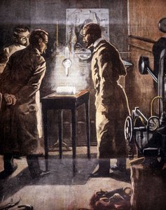 Rentgen (Rontgen) lub promieniowanie rentgenowskie. Odkryta w 1895 roku. Ilustracja przedstawiająca eksperyment. autorstwa Unknown artist
