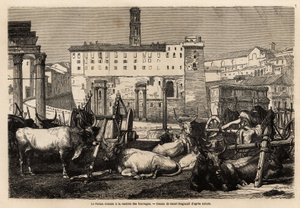 Forum rzymskie ma wypożyczalnię paszy, woły leżą pośrodku wozów i starożytnych ruin. Engravure pour illustrrer le voyage à Rome, Francis Wey, w latach 1864-1868, opublikowany w „Le tour du monde”” 1869, pod redakcją Edouarda Chartona, wyd. Hachette, autorstwa Unknown artist