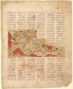 Opowieść o dwunastu twarzach. „Wojownicy angażują się w walkę”: ilustracja z Firdausi Shahnama (odwrócona) autorstwa Unknown artist