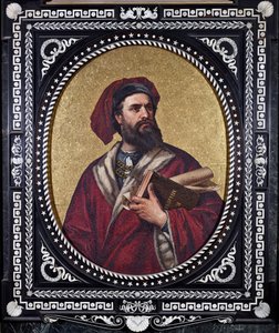 Wenecki odkrywca Marco Polo trzymający pod pachą dzieło „Księga cudów”, odtwarzający swoje podróże autorstwa Unknown artist