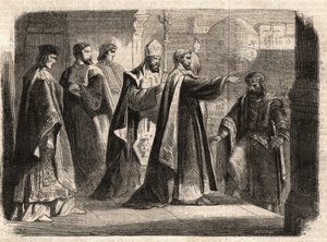 Arcybiskup św Ambroży z Mediolanu (Aurelius Ambrosius, Ambrogio di Milano (340-397) zabronił wejścia do kościoła cesarzowi rzymskiemu Teodozjuszowi I (Flavius Theodosius) (347-395), aby ukarać go za masakrę w Tesalonice w 390 - Excommunicati autorstwa Unknown artist