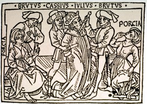 Zabójstwo Julesa Cesara (100-44 pne): zostaje zadźgany przez Brutusa i Kasjusza, podczas gdy Porcie, żona Brutusa znika. Ksylografia XVI-wiecznego Rzymu, Biblioteca Vallicelliana ©Luisa Ricciarini/Leemage autorstwa Unknown artist