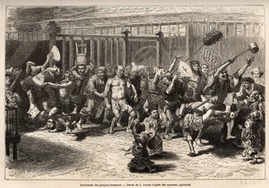 Bachanalia piwowarów, w sylwestra, po otrzymaniu wynagrodzenia i festynie, wchodzą w radosną i hałaśliwą procesję w Edo (dzisiejsze Tokio), wyposażeni w ogromny zlew do sake i długą miotełkę do przesuwania sufitów , książę d autorstwa Unknown artist
