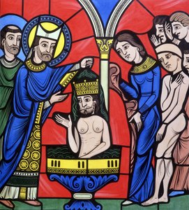 Chrzest Chrystusa. College jest podobny do witrażu w katedrze Le Mans. Śledzenie XIX wieku. autorstwa Unknown artist