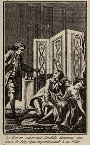 Baron zaskakuje Kandyda, dając lekcję fizyki eksperymentalnej swojej córce Frontispice za „Kandyda” Francois Marie Arouet dit Voltaire. autorstwa Unknown artist