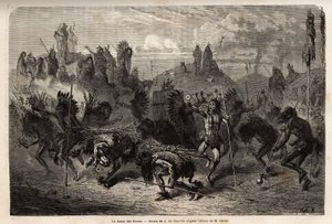 Taniec bizonów wykonywany przez wojowników z Indian Mandans (lub noumah ka kie: bażanty) na lewym brzegu Missouri. Rycina ilustrująca wyprawę wśród plemion indiańskich w dorzeczach Kolumbii i Górnej Missouri, G. Catlin, 1855, s. autorstwa Unknown artist