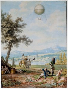 Blokada Moguncji: 14.04.1793 twierdza otoczona jest przez wojska I Koalicji. Balon nad miastem w stanie oblężenia używany do celów wojskowych. Druk z XVIII wieku. Paryż. Muzeum Lotnictwa autorstwa Unknown artist