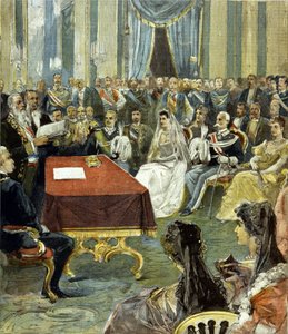 Cywilny ślub księcia Neapolu – który został Wiktorem Emanuelem III (Wiktor Emanuel) (Vittorio Emanuele) – z księżniczką Heleną Czarnogórską w Pałacu Kwirynalskim w 1896 roku. W centrum widać Humberta I (Umberto) po lewej stronie Panna młoda. autorstwa Unknown artist