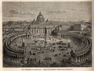 Kolumnady św. Piotra w Watykanie, sprowadzone przez Berniniego (1598-1680) z 1655 r. na planie eliptycznym, stały się powszechnym miejscem architektury barokowej i rokokowej. Grawerowanie ilustrujące podróż do Rzymu, Francis Wey, w latach 1864-1868, publis autorstwa Unknown artist