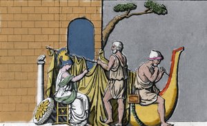 Budowa statku Argo, w asyście Minerwy, ze świętego drewna dębów Dodone. autorstwa Unknown artist
