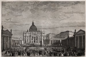 Tłum pospieszył na Plac św. Piotra w Watykanie, aby otrzymać wielkie błogosławieństwo wielkanocne od papieża Piusa IX (1792-1878). Rycina ilustrująca historię Wielkiego Tygodnia w Rzymie w 1863 roku autorstwa Ludovica Cellera w „Le tour du monde, nouveau j autorstwa Unknown artist