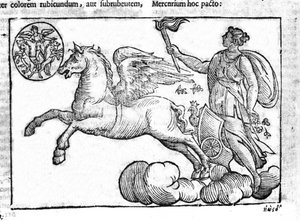 Świt (rydwan słońca). Alegoria wschodu słońca z postaciami z mitologii greckiej i rzymskiej na niebie. Grawer z „Mitologii i wyjaśnień bajek” Natalisa Comitisa. 1637. autorstwa Unknown artist