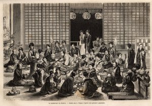 Jadalnia Teatru Yokohama jest stale zapełniona, nawet w trakcie spektaklu. Grawer ilustrujący podróż do Japonii autorstwa Aime Humberta, ministra Konfederacji Szwajcarskiej, w latach 1863-1864, opublikowany w „”le tour du monde””, pod tytułem autorstwa Unknown artist