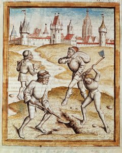 Odkrycie skarbnika na przedmieściach warownego miasta Miniatura zaczerpnięta z niemieckiego przekładu bajek „Kalila (Calila) i Dimna” Bidpaia. (ms. 1389, k. 1) ok. 1480 Chantilly, muzeum Conde autorstwa Unknown artist