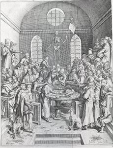 Prowadzenie sekcji Grupa lekarzy i naukowców zjednoczyła się, aby prześledzić sekcję w amfiteatrze. Grawerowanie z 1788 autorstwa Unknown artist