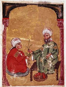 Lekarz i botanik Pedanius Dioscoride (Pedanius Dioscorides) (40-90 ne) siedzący z jednym ze swoich uczniów Miniatura z jego traktatu „De materia medica” (ms Ahmed III, 2147, folio 217a) 1229 Biblioteka Muzeum Topkapi Sarayi, Stambuł autorstwa Unknown artist