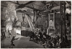 Młot perkusisty (perkusista) ma kuźnię wielkich dzieł; ogromny kawałek do wykucia wychodzi z pieca, olśniewający mężczyźni manewrują, by wsunąć go pod podudzie. Grawerowanie ilustrujące podróż do Creusot i kopalni Saone i Loire w 1865 r. przez L.S. autorstwa Unknown artist