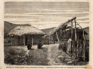 Mieszkanie i stocznia angielskiego budowniczego w pobliżu Noumea, który wykorzystuje rodzimą siłę roboczą lub skazuje ich do końca ich ciężkiej pracy. Engravure pour illustrrer le voyage à la Nouvelle Caledonie, Jules Garnier, inżynier budownictwa, w 18 autorstwa Unknown artist
