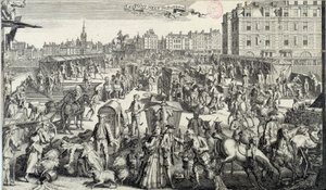 Zakłopotanie Pont Neuf w Paryżu. Ilustracja przedstawiająca ruch uliczny i korki na ulicach Paryża w XVIII wieku. Rycina z 1710 r. Paryż, Musee Carnavalet autorstwa Unknown artist