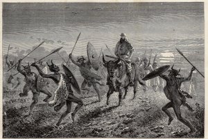 Eskorta przydzielona podróżnikowi Bakerowi spełnia fantazję przed wyjazdem do Lake Albert (lub Albert Nyanza). Rycina ilustrująca wyprawę nad jezioro Albert w latach 1861-1864 autorstwa Sir Samuela White Bakera w „Le tour du monde, nouveau journal des voya autorstwa Unknown artist