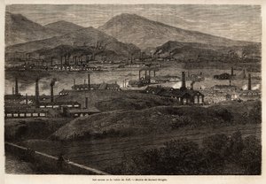 Fabryki Doliny Taff. Rysunek Duranda Bragera, ilustrujący wizytę w głównych fabrykach w Walii w 1862 roku, autorstwa L.Simonina. Grawerowanie w „”Le tour du monde””, pod redakcją Edouarda Chartona autorstwa Unknown artist