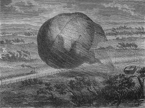 Upadek piłki „Olbrzym” na równinach Hanoweru w 1863 r. na pokładzie: Jules i Louis Godard, Felix Nadar, jego żona Fernand Montgolfier i Thirion. W „Albumie nauki””, Éditions Jouvet autorstwa Unknown artist