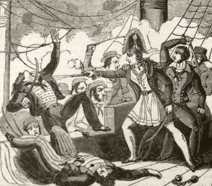 „Piratka wsiadająca na angielski statek „Lizard”, ok. 1836 r.” autorstwa Unknown artist