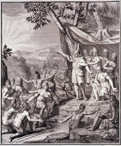 Pierwszy Inca Manco Capac i królowa Coya Mama Oello Huaco, jego żona, oboje dzieci Słońca, zbierają dzikusów – w „Historicznej podróży Ameryki Południowej wykonanej na rozkaz króla Hiszpanii” Don Georges Juan & Don Antoine de Ulloa, T.II, wyd. Jombercie, autorstwa Unknown artist
