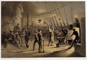 Kuźnia na pokładzie. W nocy 9 sierpnia przygotowywanie poszycia ifonu do kabestanu - w „The Atlantic telegraph” W.H. Russela, ok. godz. 1860 autorstwa Unknown artist