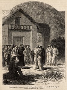 Inspekcja rekrutów na progu kościoła Marcapata (Peru), przez pastora wioski, którzy weryfikują stan zdrowia i siły zadowolonych Indian, tworząc zespół nosicieli autora. Grawerowanie wlać ilustratora le voyag autorstwa Unknown artist
