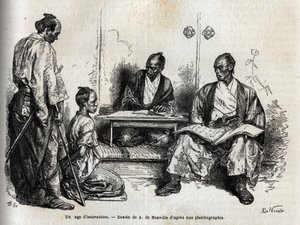 Sędzia śledczy wykonując swoje obowiązki, klęcząc przed nim, oskarża go o samuraja. Rycina ilustrująca podróż do Japonii w latach 1863-1864 autorstwa Aime Humberta, ministra Konfederacji Szwajcarskiej, w „Le tour du monde, nouveau jo autorstwa Unknown artist
