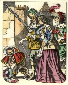 Król, księżniczka i markiz Carabas przybywają do zamku wilkołaka poprzedzającego koci but. Ilustracja do bajki „Kot botte” Charlesa Perrault autorstwa Unknown artist