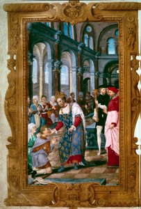 Król dotyka, Bóg cię słyszy Król Henryk II (1519-1559), taumaturg, wojownicy chory na ekrouelle w opactwie św. Markaul, tuż po ceremonii koronacji Reims. W pobliżu niego łuk Reims. Miniatura z „Godzin Henryka II”” 154 autorstwa Unknown artist