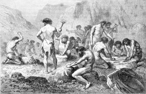 Produkcja i polerowanie krzemienia przez prehistorycznych ludzi w Pressigny. autorstwa Unknown artist