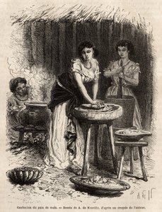 Produkcja chleba kukurydzianego, podstawy żywności, przez kobiety z Wielkiej Doliny Cauca (Kolumbia). Grawerowanie ilustrujące podróż do Nowej Granady, autorstwa dr Saffraya, w 1869 r., opublikowane w „Le tour du monde”” 1873, pod redakcją Edouarda Charton autorstwa Unknown artist