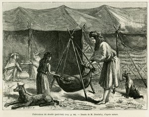Produkcja mleka przez kobiety pasterzy z regionu Karoun. Grawer ilustrujący historię La Perse, la Chaldee et la Susiane autorstwa Jane Delafoy (1851-1916), oficera akademii, in le tour du monde 1886, reżyseria: Edouard Charton (1807-1890), Ha autorstwa Unknown artist