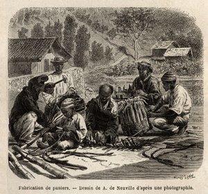 Produkcja koszy z liści palmowych do zbierania kawy. Grawerowanie ilustrujące podróż do Brazylii, opowiadanie M. i Mme Agassizów, w latach 1865-1866, opublikowane w „Le tour du monde, nouveau journal des voyages”, pod kierunkiem Edouarda Charto autorstwa Unknown artist