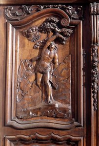 Męczeństwo San Sebastian, fragment rzeźbionych drewnianych drzwi kościoła Niepokalanego Poczęcia, Menton. autorstwa Unknown artist