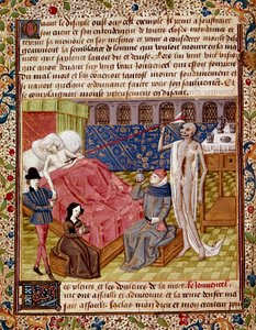 Pacjenta uderza miniaturowa śmierć zaczerpnięta z „Le Tresor de Sapience” (lub „Le traite du jardin amoureux”) Jeana Gersona (1363-1429) XV-wiecznego Chantilly, Musee Conde autorstwa Unknown artist