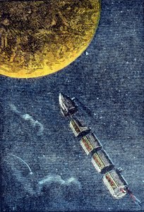Rakieta wystrzeliła w kosmos docierając do księżyca - grav. w „Z Ziemi na Księżyc”” Juliusza Verne autorstwa Unknown artist