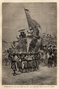 Sztandar królewski w sowari (pochód wojskowy) w Baroda (lub Vadodara), stanie Gujarat na północno-wschodnim wybrzeżu Indii. Rycina ilustrująca podróż radżów do Indii, autorstwa Louisa Rousseleta, w latach 1864-1868, opublikowana w „” Le tour du monde autorstwa Unknown artist