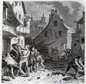 Naczynie do golenia z Lille. Odcinek z Oblężenia Lille w 1792 r. podczas francuskich wojen rewolucyjnych - Le siege de Lille en octobre 1792 - Revolution francaise - Bombardowanie przez Austriaków i Prusów - Fryzjer używa pół bomby jako naczynia do brody - autorstwa Unknown artist