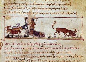 Hodowla owiec, po prawej stronie zająca pożera miniaturowe zwierzę zaczerpnięte z dojenia myśliwskiego „Cynegetics” Oppiana (Oppiana lub Oppianusa) z Syrii (III w. n.e.) poświęconego Karakalli. Wenecja z XI wieku. Biblioteca Marciana autorstwa Unknown artist