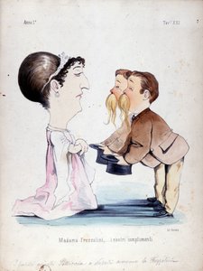 Bracia bliźniacy Pelliccia otrzymali Erminię Frezzolini, włoską sopranistkę (1818-1884). Karykatura z XIX wieku. autorstwa Unknown artist