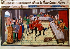 Bankiet weselny na weselu Clarisse, córki króla Yvona z Gaskonii i Renaud Miniature z rękopisu „Renaud de Montauban” lub „Les quatre fils Aymon” Loyset Liedet (czynny w latach 1448-1478). Ms. 5073. Biblioteka z XV wieku autorstwa Unknown artist