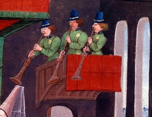 Bankiet weselny Clarisse, córki króla Yvon z Gaskonii i Renauda Detaila reprezentującego trębaczy. Miniatura z rękopisu „Renaud de Montauban” lub „Les quatre fils Aymon” Loyseta Liedeta (czynny w latach 1448-1478). Pani 5073. autorstwa Unknown artist