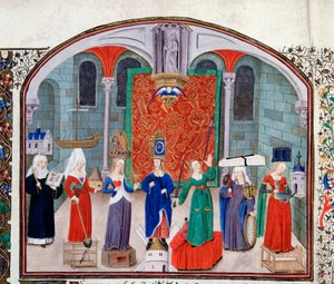 Teoria cnót teologicznych i kardynalnych. Miniatura z rękopisu (Ms 927 fol.17V) „Komentarz do etyki politycznej i ekonomicznej” greckiego filozofa Arystotelesa (383-322 pne) w przekładzie Nicolasa Oresme (1325-1382) autorstwa Unknown artist