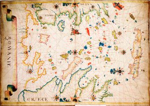 Ten typ wczesnej mapy morskiej na welinie powstał w basenie Morza Śródziemnego w XIII w., ok. 1610 r. (rękopis) autorstwa Unknown artist